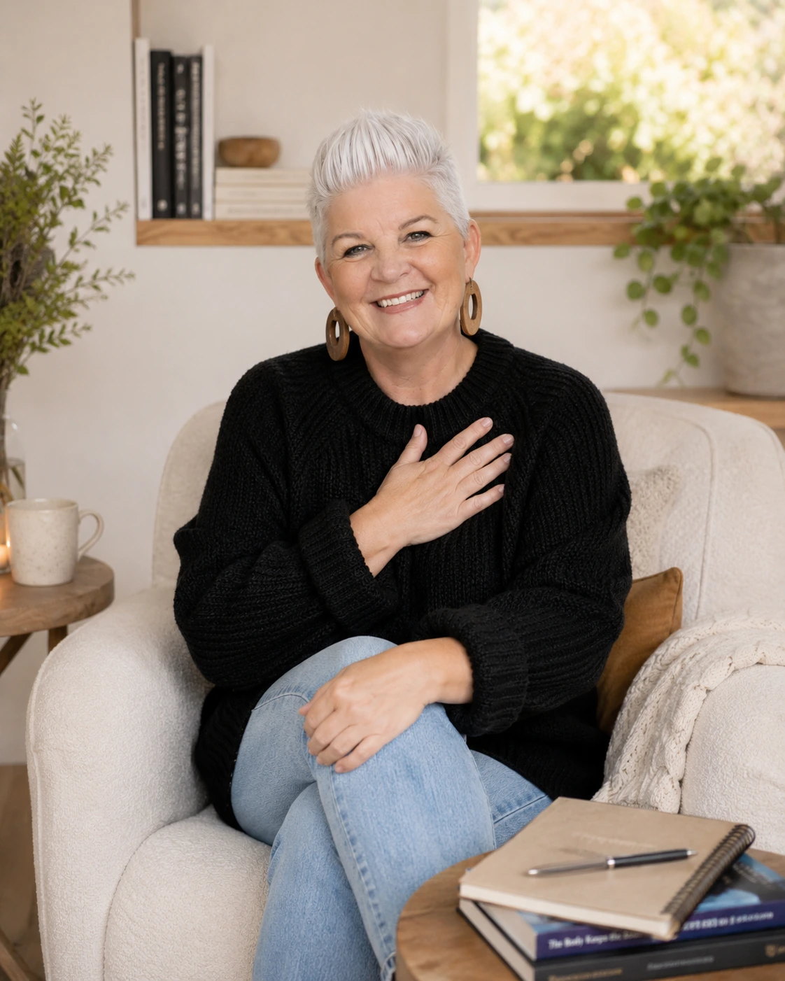 Angela M Carter smiling, seated with her hand over her heart